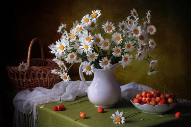 Fresh Daisies and Cherries