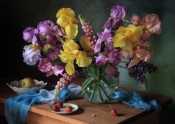 Fresh Irises and Fruit