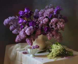 Purple Lilacs Irises Still Life