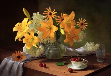 Vibrant Lilies and Cherries
