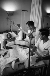 American soldiers wounded in the Vietnam War are airlifted to a hospital at Clark A...
