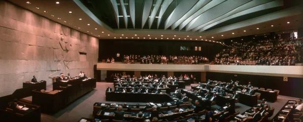 Israeli Knesset in session being addressed by President of Israel David Ben-Gurion, Jerusalem