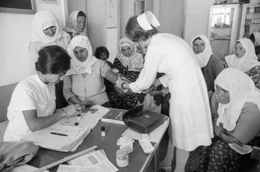 Turkish women visiting a clinic are evaluated by healthcare workers