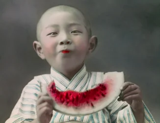 Japanese Child Eating a Slice of Watermelon, circa 1900 - 1915