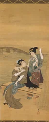 Two Beautiful Women Pause at a Tea Shop Overlooking Azuma Bridge