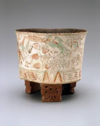 Tripod Vase with Two Blowgunners and Quetzal Birds in Cacao Trees, Late Xolalpan, 550-650