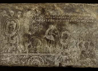 Engraved stone panel depicting the Bhojajania Jataka Tale, from Wat Si Chum, Sukhothai, 14th-15th century