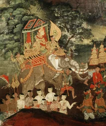King Vessantara on a White Elephant Meets the Brahmins, Scene from Vessantara Jataka, Early 19th Century