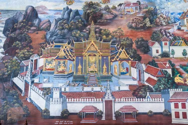 Mural depicting scenes from the Ramayana at Wat Phra Kaeo, the Royal Grand Palace, Bangkok, Thailand