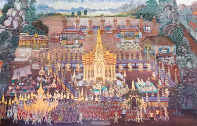 Mural depicting scenes from the Ramayana at Wat Phra Kaeo, the Royal Grand Palace, Bangkok, Thailand