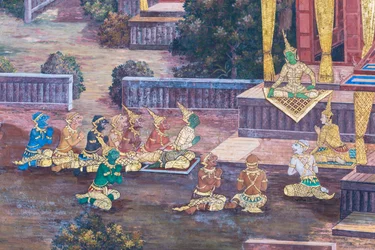 Mural depicting scenes from the Ramayana at Wat Phra Kaeo, the Royal Grand Palace, Bangkok, Thailand