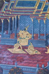Mural depicting scenes from the Ramayana at Wat Phra Kaeo, the Royal Grand Palace, Bangkok, Thailand