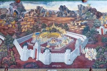 Mural depicting scenes from the Ramayana at Wat Phra Kaeo, the Royal Grand Palace, Bangkok, Thailand