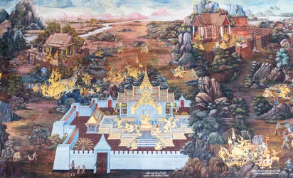 Mural depicting scenes from the Ramayana at Wat Phra Kaeo, the Royal Grand Palace, Bangkok, Thailand