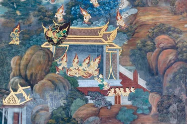 Mural depicting scenes from the Ramayana at Wat Phra Kaeo, the Royal Grand Palace, Bangkok, Thailand