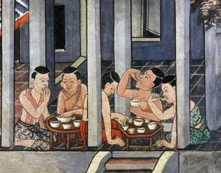 People Eating at Low Round Tables Called Kantoke, Mid 19th Century