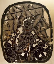 Scene from Nang Yai shadow puppet theatre representing Virunjambang, army general Dasakantha, carved leather panel, Thailand, Thai Civilization