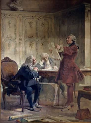 The naturalist Georges-Louis Leclerc, Count of Buffon reads the first sheets of his natural history in front of the botanist Bernard de Jussieu and the naturalist Edme-Louis Daubenton