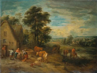 Landscape with Peasants and Cattle by a Cottage