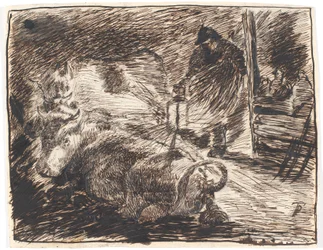 Stable Interior at Evening with Lying Cows and a Man with a Lantern