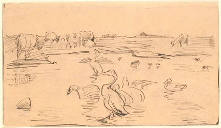 Waterhole with Geese and Cows