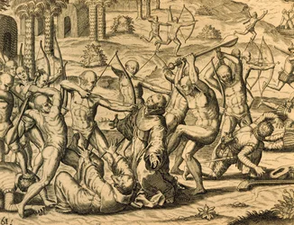 Martyrdom of Missionary Monks in South America, engraving from Historia Americae, by Theodor de Bry