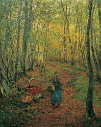 Forest Interior with Girl Searching for Mushrooms