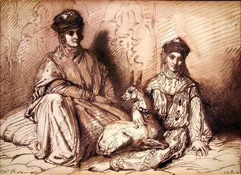 Arab woman and girl with a gazelle