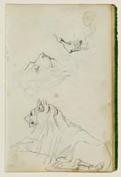 Seated Lion, Two Lion Head Studies