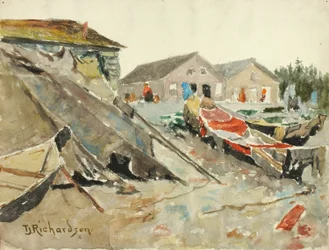 Drying Blankets over Canoes