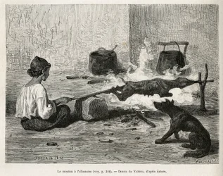 A young Montenegrin roasting a sheep with the Albanian, seated in front of the fire and constantly turning the wooden spit. Engraving after Valerio
