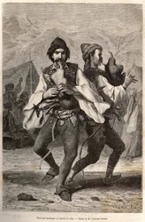 Morlac musicians or Montenegrins from the district of Zara, wearing the local costume: a white canvas shirt with an embroidered vest over it, a belt studded with copper and silver, legwear falling over the leather shoe, and playing a kind of bagpipe while