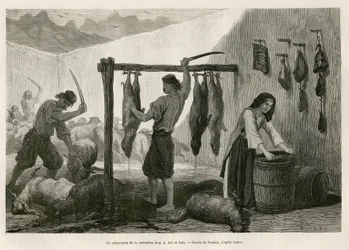 The preparation of castradina, a speciality of salted and smoked sheep and goat meat, towards the end of October in Dalmatia (Istria and Herzegovina (Croatia)), drawing by Valerio to illustrate the journey to Montenegro in 1874 by Charles Yriarte