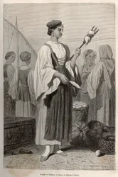 Woman of Sebenico (Serbia) Using Spindles for Spinning Wool (engraving after the drawing of Theodore Valerio, to illustrate a story about Dalmatia by Charles Yriarte, published in 