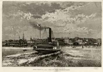 Arrival in Victoria, Canada. Engraving by Th.Weber, to illustrate the story 