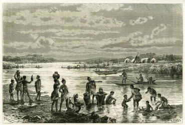 Life on the banks of the Zambeze River (engraving of Th. Weber, to illustrate the story 