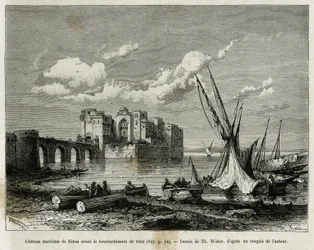 The maritime castle of Sidon before the bombardment of 1840. Engraving of Th. Weber, to illustrate the story La Syria d