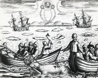 Aurora borealis and white bear hunting during third expedition led by William Barents in search of Northeast Passage in 1596, engraving