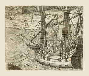 Bartolomeo Diaz Hanging Some Indians on Caravel, from Americae pars quarta, by Girolamo Benzoni