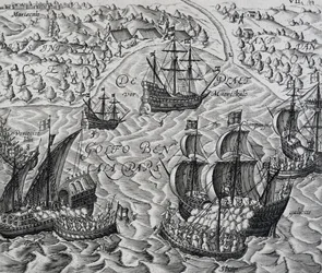 Battle in front of city of Matical in Bay of Bengal, engraving from Indiae Orientalis