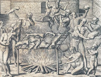 Cannibalism of tribes in interior of Brazil, engraving from American History by Theodore de Bry