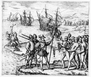 Christopher Columbus (1451-1506) receiving gifts from the cacique Guacanagari in Hispaniola (Haiti), from 