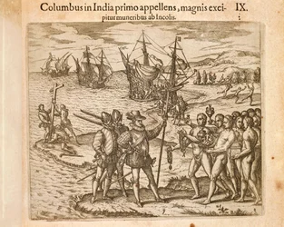 Christopher Columbus landing on the island of Guanahani (San Salvador), October 12