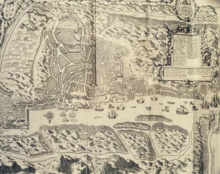 City of Goa in India, Engraving by Theodor de Bry from Travel account of the voyage of the sailor Jan Huyghen van Linschoten to Portuguese East India 1579-1592