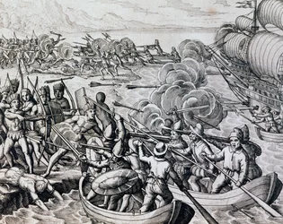 Clash between Native Indians and Spanish Troops, Engraving from Historia Americae, by Theodor de Bry, Frankfurt