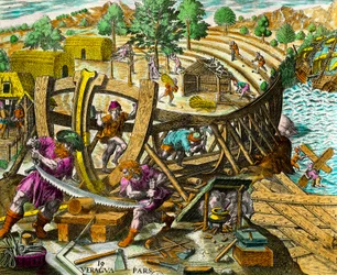 Construction of a boat for the Spanish navigator Vasco Nunez de Balboa (1475-1517). Engraving from History of the Americas by Theodore de Bry (1528-1598). Private Collection