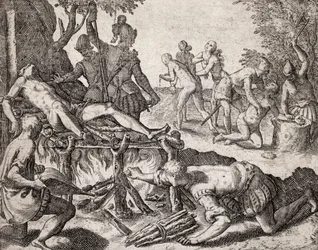 Description of Crimes Inflicted on Indians by Spanish Settlers - Scene of Torture of Indians by Spanish Conquistadors. Torture on a Grill, Amputation of Hands - Engraving by Theodore de Bry