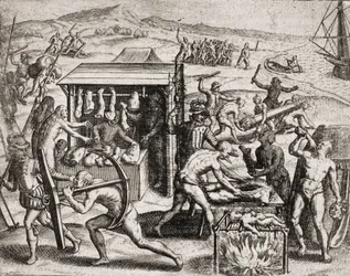 Description of crimes inflicted on Indians by Spanish settlers - Spanish Conquistadors making Indians work and mistreating them - Anthropophages Indians - Engraving by Theodore de Bry in 