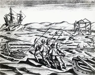 Expedition led by William Barents in search of Northeast Passage, from Peregrinationes, engraving