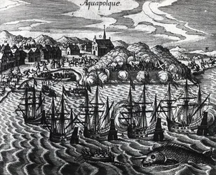 Fleet of Galleons in Acapulco Port, engraving